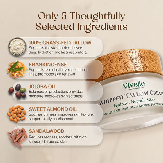 Vivelle Les Angles Whipped Tallow Cream jar shown on a beige promotional graphic with text listing five selected ingredients: Suet Tallow, Almond Oil, Jojoba Oil, Frankincense Oil, and Sandalwood.