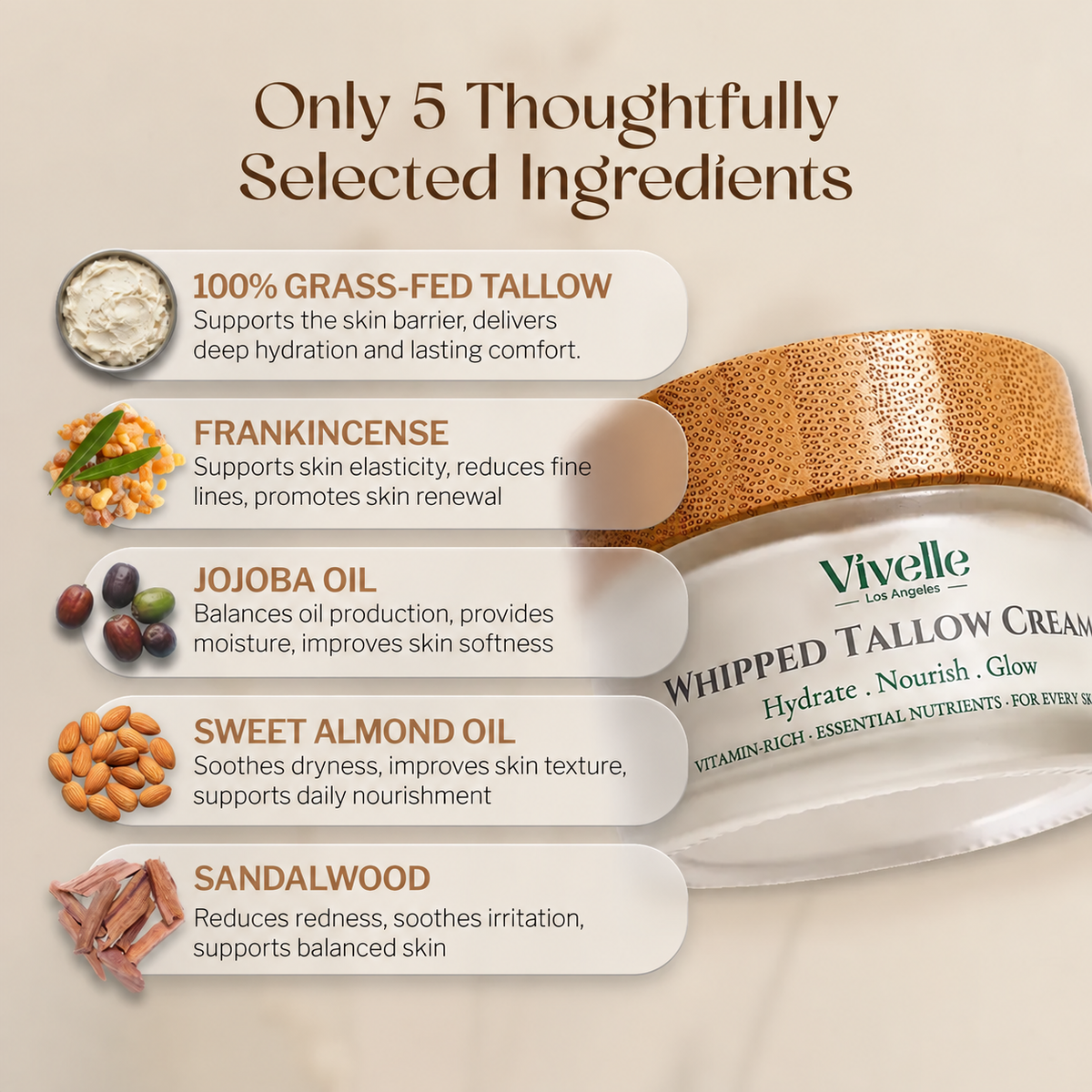 Vivelle Les Angles Whipped Tallow Cream jar shown on a beige promotional graphic with text listing five selected ingredients: Suet Tallow, Almond Oil, Jojoba Oil, Frankincense Oil, and Sandalwood.